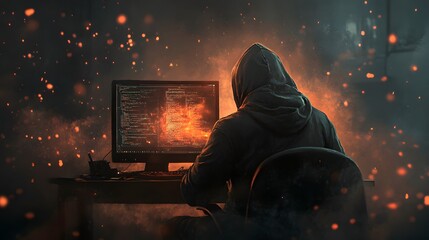 Hacker in a hooded jacket working on a laptop, a data technology concept with a digital background in a dark black color theme