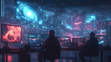 Wall Mural - scientists in a futuristic control center, analyzing storm systems and cloud activity using vr heads