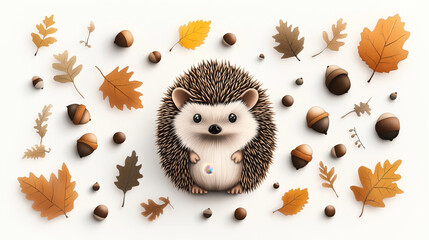 Sticker - Cartoon hedgehog surrounded by autumn leaves and acorns on a white background, featuring a cute and whimsical design.