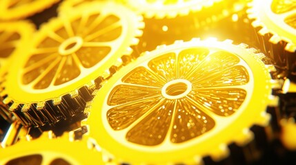 Fototapete - Golden Gears with Lemon Slice Design.