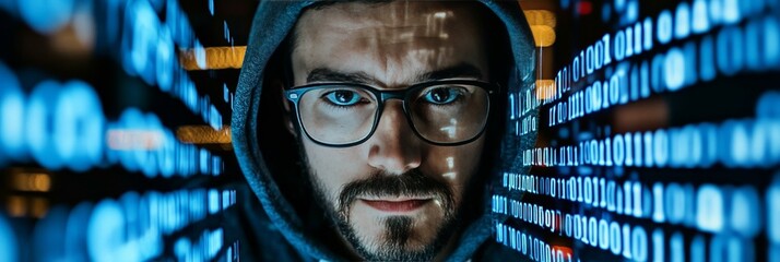 Serious Male Hacker in Hoodie Looking at Screen with Binary Code Reflecting in Glasses in Dark Room