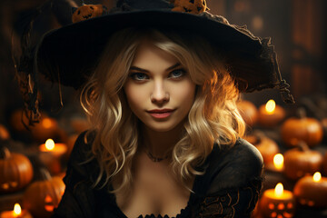 Canvas Print - generative ai picture of beautiful girl dressed in witch costume celebrate happy halloween day