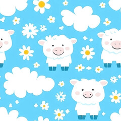 Seamless pattern of smiling sheep and daisies on a bright blue background with fluffy clouds. AI-generated.