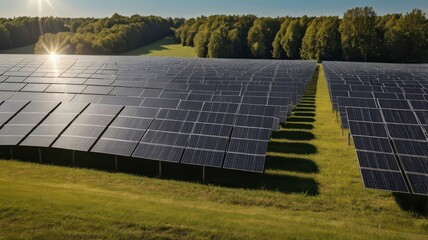 Large solar panels on meadow, blue sky and sun