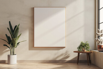 Minimalist interior with blank canvas frame mockup, white wall and plants featuring soft natural light filtering through window