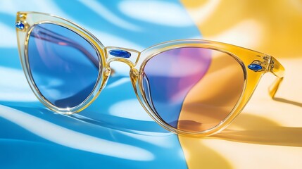 Stylish sunglasses with colorful lenses on a vibrant yellow and blue background, perfect accessory for summer fashion and outdoor activities.