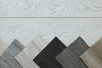 Sticker - Different samples of wooden flooring indoors, top view