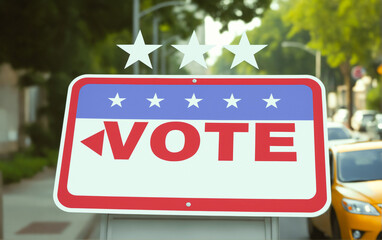 A sign with the inscription VOTE on the streets of the city and indicates the directions to the polling station and places of registration of voters in the US presidential elections.