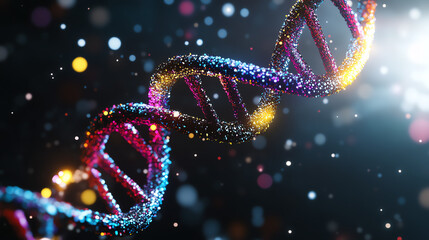 A vibrant representation of a DNA double helix, showcasing intricate details and sparkling colors against a dynamic background with bokeh effects, symbolizing genetic research.