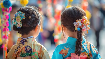 Two Young Girls in Traditional Kimono at a Japanese Festival