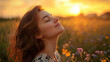 © M - Woman enjoying a peaceful moment in a flower field at sunset, eyes closed, with a serene smile on her face