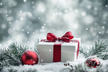 A white gift box tied with a red ribbon, surrounded by snow-covered pine branches and two red Christmas ornaments.