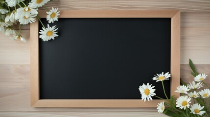 Wall Mural - Mockup framed board with wild chamomiles on wooden table. Chalkboard with daisies template advertising image. Cute summer design with blackboard mock up product photorealistic