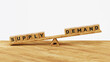 © DETHAL - High supply and low demand concept. Business competition, supply chain, market situation, world economic, cost and retail, 3D supply vs demand on balance scale