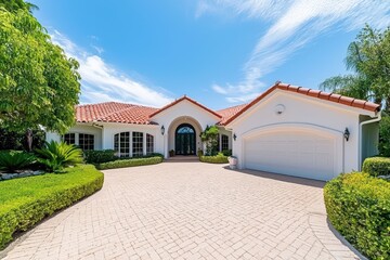 A beautiful modern house with a spacious driveway and lush greenery under a clear blue sky.