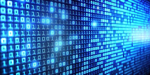 A glowing blue digital matrix with binary code in a grid pattern, creating an abstract and futuristic design.