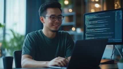 A young Asian man smiles as he works on his laptop in an office setting. He is wearing a green t-shirt and glasses and is looking at the screen.