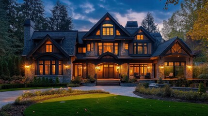 A large, luxurious home with stone facade, a wooden front door, and warm lighting at dusk.