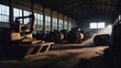 © Xavi - Abandoned Warehouse with Old Tractor: A weathered yellow tractor sits unused in a large, abandoned industrial warehouse, surrounded by dusty remnants of a once-active factory environment, evoking them