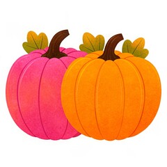 Wall Mural - Pink and orange pumpkins with green leaves on a white background. Illustration for Halloween, Thanksgiving