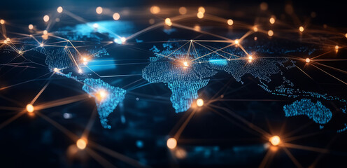 Abstract global network concept with a world map and glowing connections 