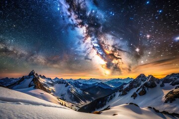 Snowy mountain landscape with Milky Way in the spring sky