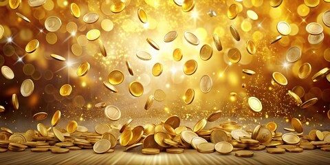 Wall Mural - A cascade of golden coins raining down on a glistening pile of wealth, symbolizing the allure and potential of financial abundance.