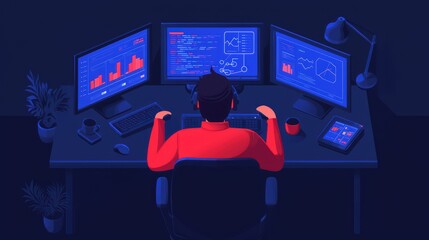 person working on multiple monitors in a dark office space, focused on coding and data analysis.