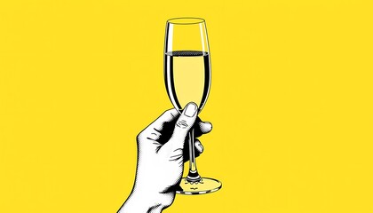 Wall Mural - Hand holding a glass of white wine, pop art style, bright yellow background.