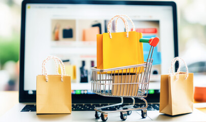 A laptop screen shows a shopping cart with three shopping bags on it