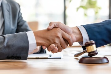 Two professionals shaking hands with a gavel in the foreground, symbolizing agreement and legal collaboration.