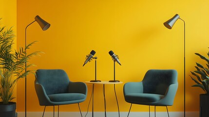 A bright and stylish podcast studio featuring teal armchairs, a round table, microphones, and floor lamps. The bold yellow backdrop adds energy, creative space