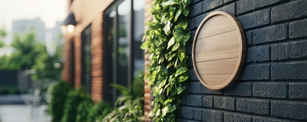 Poster - A circular wooden signboard is mounted on a sleek, modern storefront wall