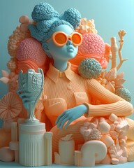 Vibrant Surreal Sculpture with Hands and Trophy, featuring animated character atop oversized objects, colorful pop art elements, warm atmosphere.