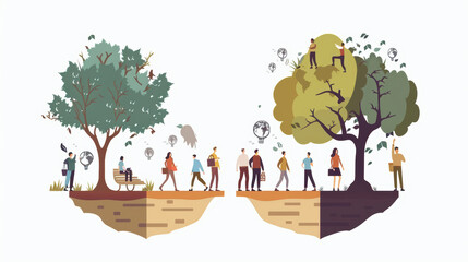 illustration depicts split scene showcasing two contrasting environments one side features barren landscape with people walking, while other side presents lush, vibrant tree filled area with