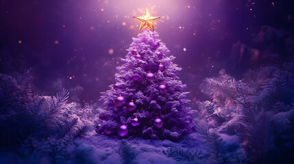 Poster - Violet purple fantasy Christmas tree with golden star on top at winter magic night. Postproducted generative AI illustration.