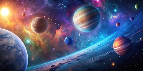 Wall Mural - space scene with planets and stars viewed from a low angle