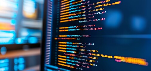 Close-up of colorful programming code on a computer screen, vibrant lines of text in multiple languages, representing software development and coding