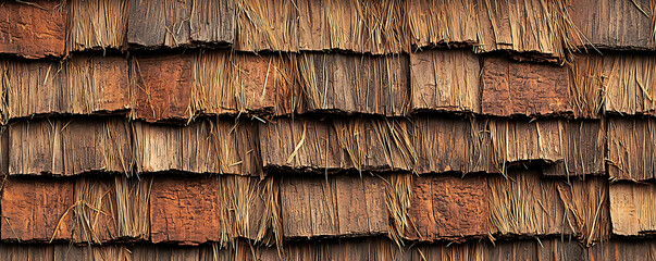  A close-up view of an old, weathered thatched roof made of dried straw and wood.