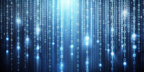 Abstract digital background with blue and white binary code falling down a screen with glowing lights.
