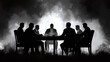 © Екатерина Чумаченко - Black and white illustration of a secret meeting, a group of business people sitting at a table in the smoke. Mafia. Silhouettes of office workers.