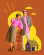 © master1305 - Retirement wealth and property. Stylish elderly couple posing confidently in front of stack of coins and house. Contemporary art collage. Financial stability. Concept of retirement programs, wealth