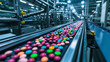 © Maksym - Brightly colored tablets rolling down a conveyor belt in organized rows, illuminated by bright industrial lighting as they pass through automated quality control machinery in a pha