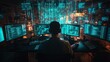 © Intach - A hacker working on bypassing network security, dim lighting and a maze of cables and monitors surrounding them