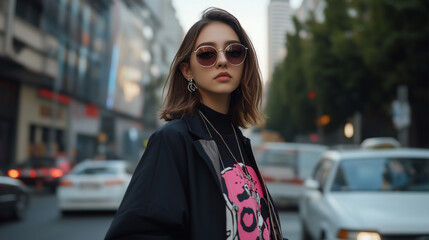 Wall Mural - A woman wearing a pink jacket and glasses is walking down a city street. She is carrying a black purse and she is in a hurry