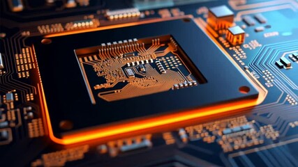 Aufkleber - A computer chip is shown in a close up. The chip is orange and black and is surrounded by other electronic components. Concept of technology and innovation