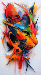   Vibrant feline portrait adorned with splattered paint