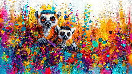 Wall Mural -   A painting of a couple of animals sitting on a vibrant field against a white canvas backdrop, featuring splashes of color