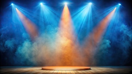 Wall Mural - stage enveloped in peach smoke under blue spotlight