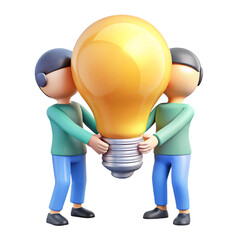 teamwork idea two PEOPLE holding a big lightbulb together 3d cartoon style illustration